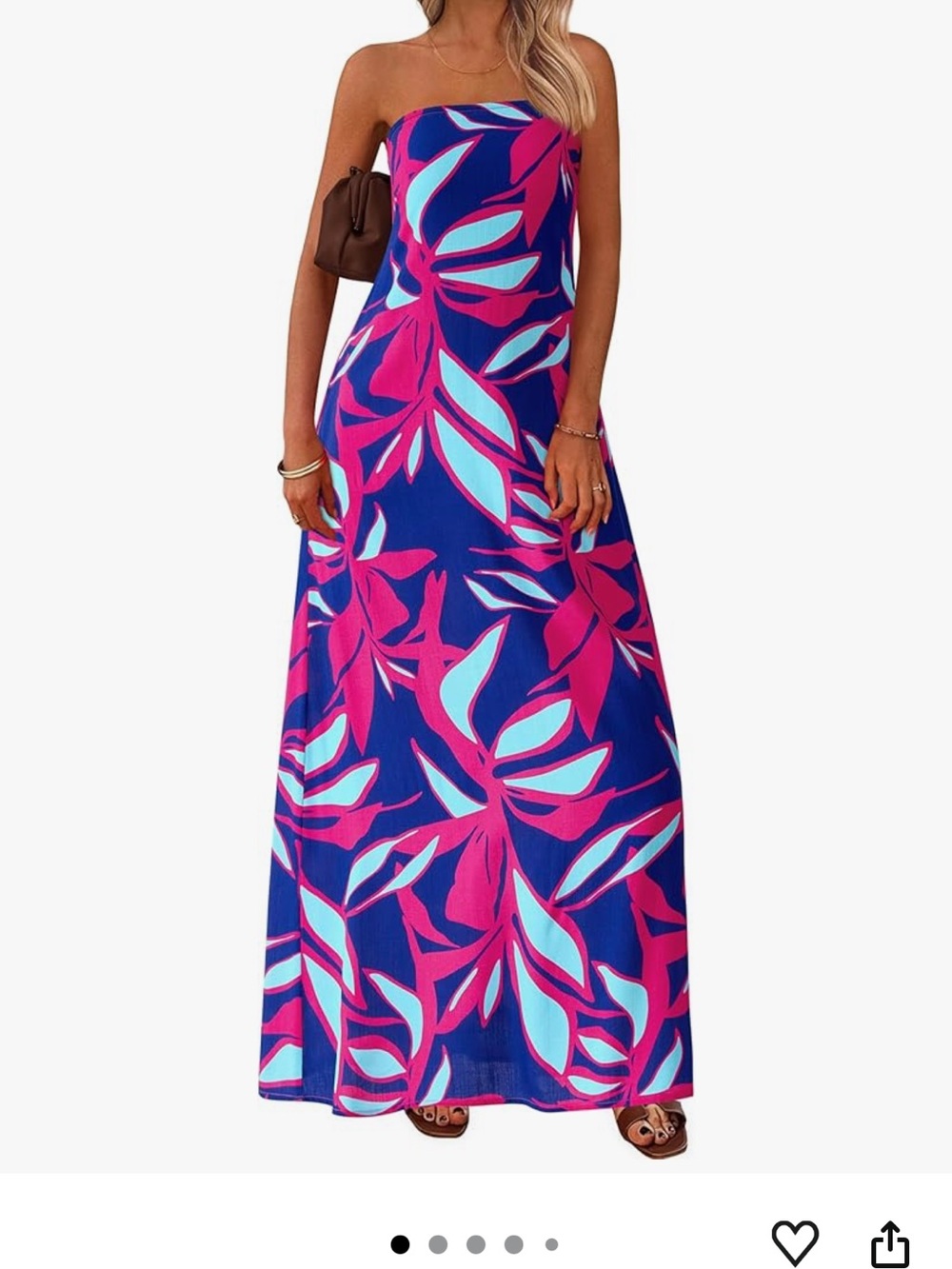 Strapless Blue Maxi Dress with Pink & Aqua Leaf Print